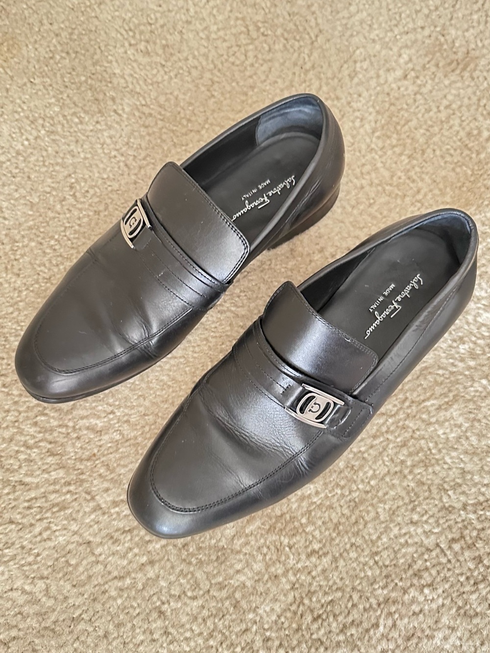 Salvatore Ferragamo Black Leather Slip-On Loafers with Silver Bit